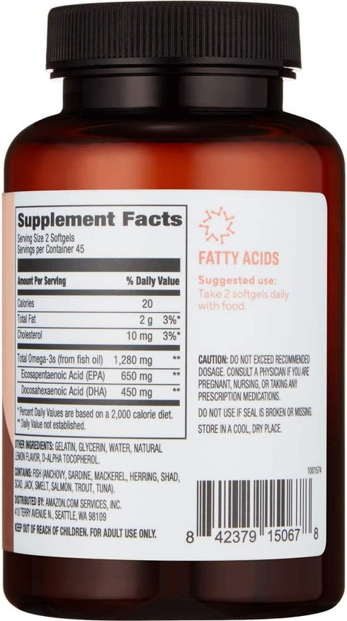 Amazon Brand - Revly Super Omega-3 Wild-Caught Fish Oil with Natural Lemon Flavor - EPA, DHA Omega 3-Fatty Acids - 90 Softgels (1280 mg per servin...