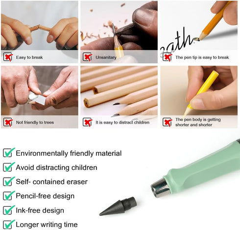 Infinity Pencil,6PCS Inkless Pencil Inkless Magic Pencil with Extra 2 Eraser Reusable Everlasting Pencil with 8 Replaceable Nibs for Writing Drawi...
