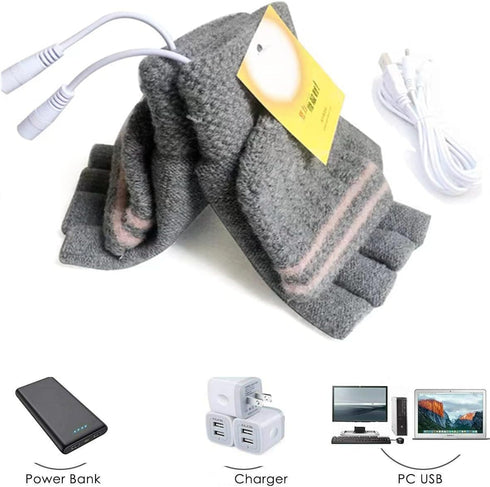 Women's & Men's USB Heated Gloves Mitten Winter Hands Warm Laptop Gloves, Knitting Hands Full & Half Heated Fingerless Heating Warmer Washable Des...