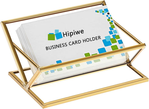Hipiwe Glass Business Card Holder for Desk, Golden Metal Frame Business Card Display Stand for Office Reception Exhibition Meeting Desktop Organiz...