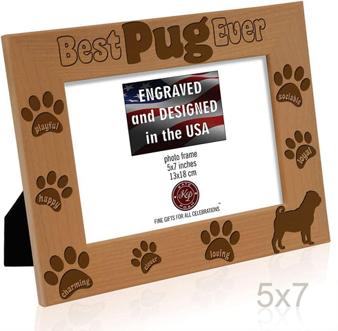 KATE POSH - Best Pug Ever Engraved Natural Wood Picture Frame, Dog Lover, Pug Life, Paws Gifts for Birthdays, Memorial, New Puppy (5x7-Horizontal)...