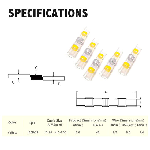 Kuject 160PCS Yellow Solder Seal Wire Connectors, Waterproof Self Solder Heat Shrink Butt Connector Solder Sleeve Electrical Butt Splice for Autom...
