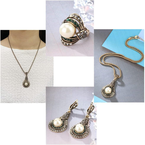 Dtja Vintage CZ Pearl Earrings Teardrop Pendant Necklace Jewelry Set for Women Girls Gold Plated Faux Pearls Boho Wedding Cocktail Party Christmas...
