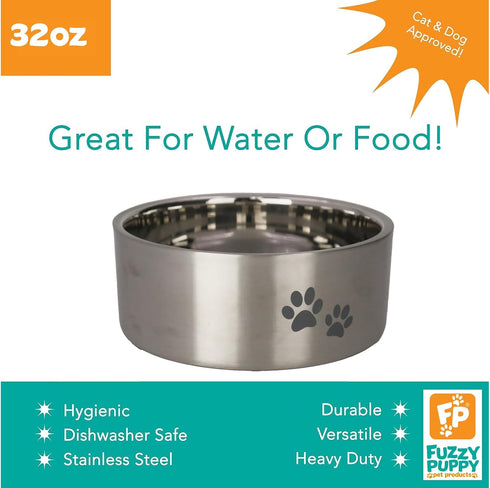 Stainless Steel Double-Wall Insulated Non-Slip for Dog, Cat, Pet Food and Water Bowl | Silver, 32 oz. (PN: DWB-Silver-32)...