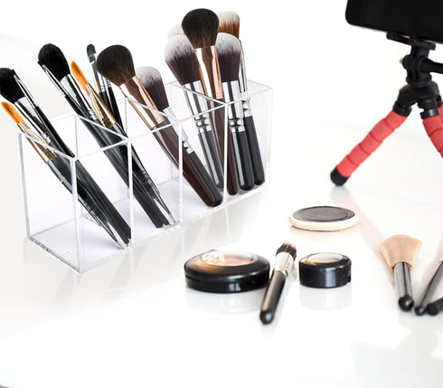 Acrylic Pen Holder 4 Compartments, Clear Acrylic Pencil Holders for Desk, Makeup Brush Holder Cup Organizer, Pen Holder Stationery Storage Desktop...