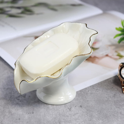 Soap Dish Ceramic White Lotus Leaf Shape Soap Holder Self Draining Soap Dish Waterfall Slot Sponge Holder Bathroom Accessories for Bathroom, Kitch...