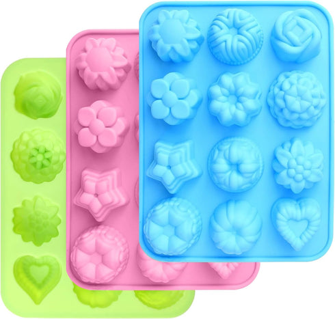 3 Pack Chocolate Flowers Silicone Molds 12 Cavity Flowers Heart Shape Candy Cake Molds for Baking, Cupcake, Jelly, Ice Cube Dishwasher Safe, Heat ...