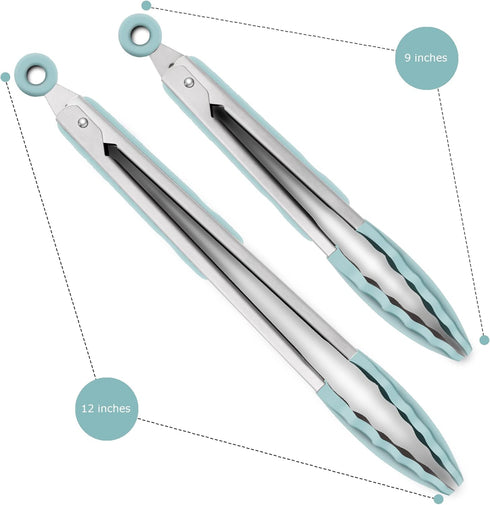 9-Inch & 12-Inch Cooking Tongs, Premium Silicone Set of 2 BPA Free Non-Stick Stainless Steel BBQ Grilling Locking Food Tong, Aqua Sky...