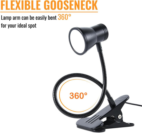 Clip Desk Lamp, USB Reading Light, Flexible Neck Led Clamp Light with 3 Color Temperature Options, 10 Dimmable Brightness Levels for Working, Stud...