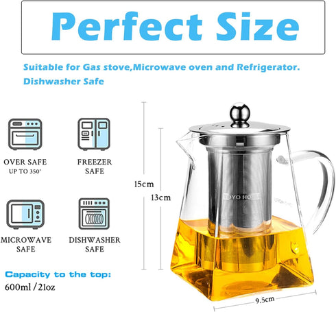 Glass Teapot with infuser, Tea Infusers for Loose Tea, Small Loose Leaf Tea pot, Heat resistant, Ideal for Tea Parties and Stovetop Brewing?600ml...
