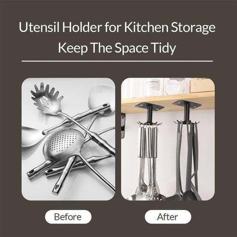 Aosome 2 Pcs Utensil Under Cabinet Holder 360° Rotating Stainless Steel Kitchen Utensil Holder Hangers 8-Hooks...