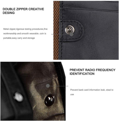 Men's Folding Double Zip Wallet RFID Blocks Retro Short Coin Purse...