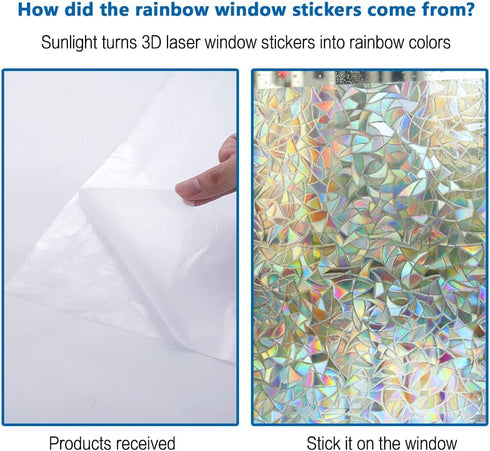 Privacy Film, Rainbow Clings, 3D Decorative Window Vinyl, Stained Glass Decals, Static Cling Window Sticker Removable Non-Adhesive UV Blocking (17...