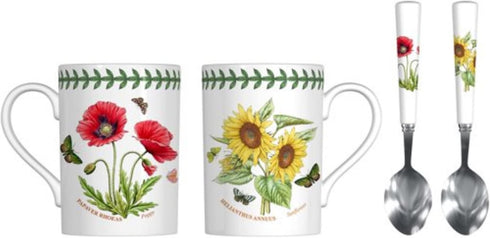 Portmeirion Botanic Garden Mug & Teaspoon Set - Ceramic Mugs & Stainless Steel Spoons - Poppy & Sunflower Motifs, Chip-Resistant Glaze, Dishwasher...