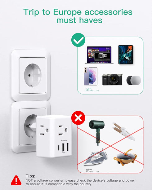 European Travel Plug Adapter with USB Charging Ports(1 USB C), International Type C Power Adapter for US to Most of Europe EU Italy France Spain G...