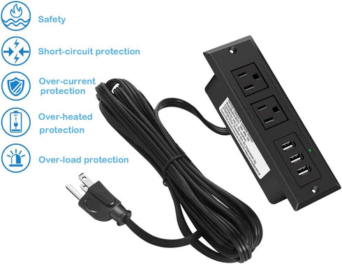 CCCEI Furniture Recessed Power Strip, Black Desk Outlet with USB Ports, in Conference Desktop Flush Mount Plug, 6 ft Extension Cord....