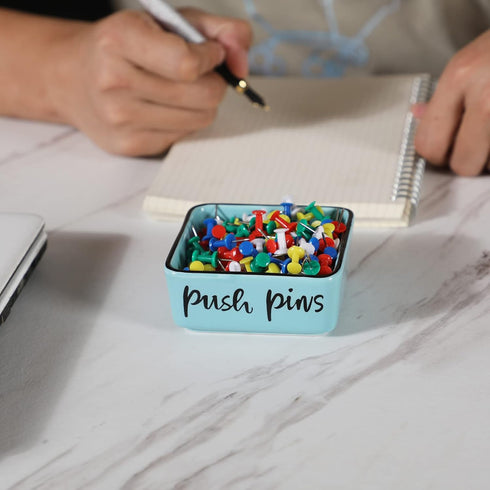 Farmhouse Square Push Pins Holders,Ceramic Binder Clip Dispenser Organizer for Desk, Cute Office Paper Clip Holder, 3.3-Inch (Turquoise)...