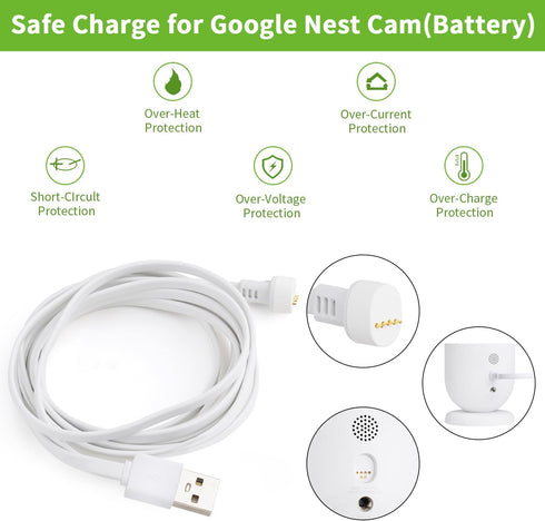 Power Adapter for Google Nest Cam Outdoor or Indoor, Battery - 10ft/3m Flat Weatherproof Outdoor Charging Cable Provide Continuous Power Supply fo...
