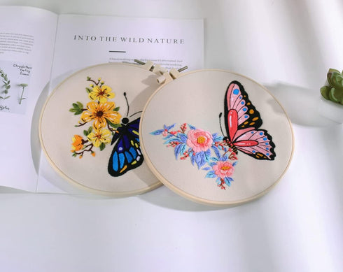 Konrisa Embroidery Starter Kits with Butterfly Flower Pattern, Stamped Cross Stitch Kits for Beginners Adults DIY Sewing Include Embroidery Hoop E...