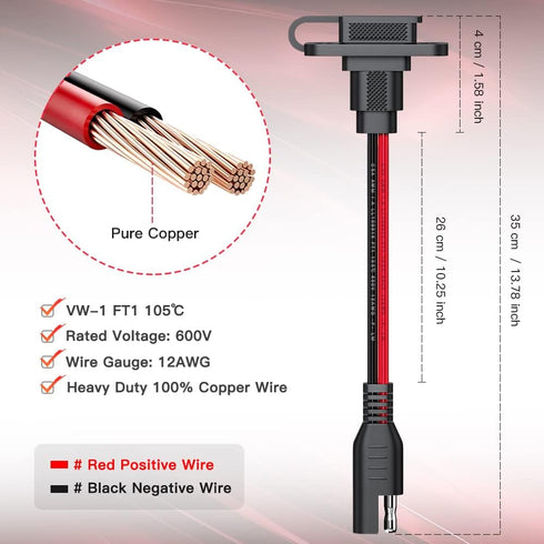ELECTOP Rectangular SAE Connector Power Socket Sidewall Port, Weatherproof SAE Quick Connector Solar Panel Flush Mount SAE Plug Adapter, 12AWG SAE...