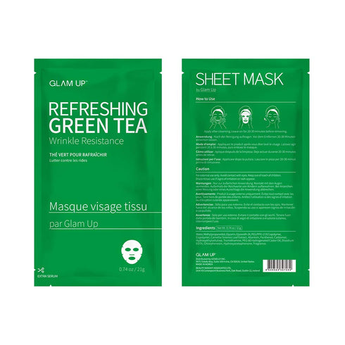 GLAM UP Sheet mask Refreshing Green Tea (10 sheets) - Revitalize Dull Skin. Dark Circle Fighter Nature made Freshly packed Daily Skin Therapy Orig...