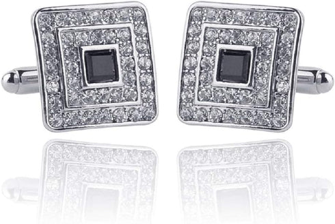 V & L Black Silver Crystal Cuff links – Fancy Unique Elegant Sparkling Luxury Gem Stone Cufflinks for men in Square - Perfect for Wedding, Formal,...