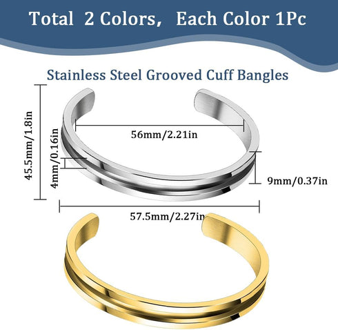 SUNNYCLUE 1 Box 2Pcs Stainless Steel Bangle Bracelet Blanks Grooved Inlay Cuff Bracelets Golden Platinum Color C-Shapes Metal Bracelets Blank for ...
