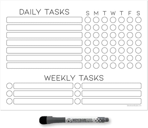 Dry Erase Whiteboard Task Planner by Glassboard Studio | Removable and Restickable Adhesive Decal | Fine-Tip Magnetic Marker Included (9 x 12 inch...