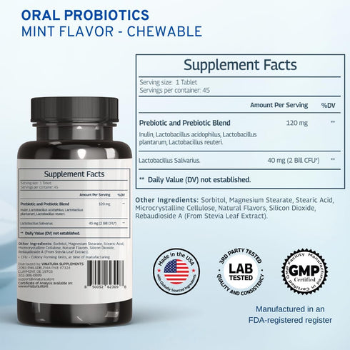 Lactobacillus Salivarius Oral Probiotics - for mouth bad breath, Dental probiotics for Teeth and Gums, Throat, Ear, Nose - 45 Chewable Mint tablet...