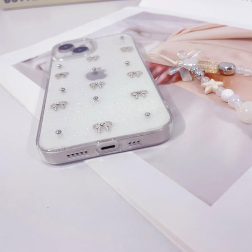 Phone Case for iPhone 15 Plus 14 Plus Clear Glitter Cute Bow Knot Aesthetic Girly Phone Case with Phone Charms Chain Bracelet Soft Protective Cove...