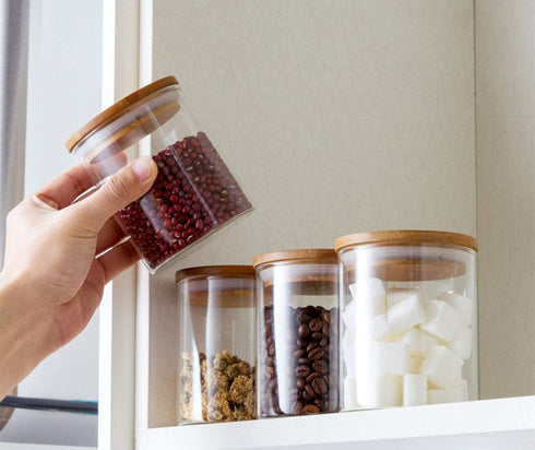 Lawei 4 Pack Glass Storage Jars with Airtight Bamboo Lids, 18.6 OZ Clear Glass Kitchen Canisters Food Storage Container for Dry Goods, Serving Tea...