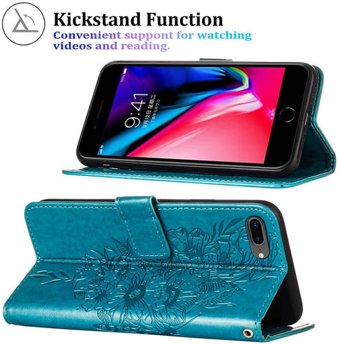 for iPhone 7/8 Plus Wallet Case, 6/6S Plus Case, Butterfly Floral Embossed, Wrist Strap, Card Holder Slots,Stand Leather Protective Flip Cover (Bl...
