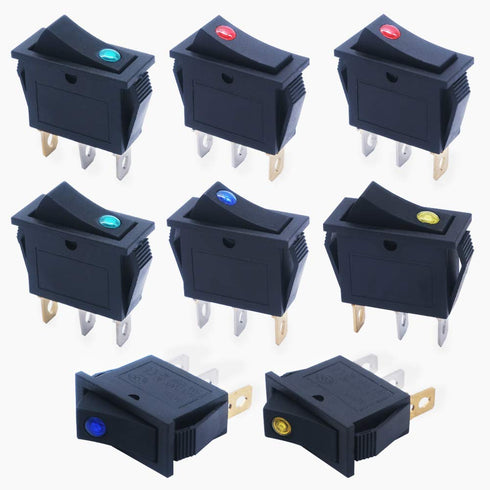 mxuteuk 8pcs 12V Illuminated Rocker Switch Toggle Power SPST ON-Off Switch Snap-in 3 Pin 2 Position Red Yellow Green Blue LED Light, Use for Car A...