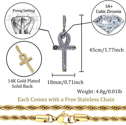 TOPGRILLZ Cross Necklace for Women Ankh Gold Cross Necklace for Men Rope Cuban Link Chain Pendant Necklace Iced out 14K Gold Plated Diamond Ankh P...