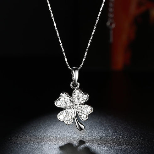 Platinum plated Four Leaf Clover Pendant Necklace, Heart Leaves Paved with Cubic Zirconium Diamond Gift for Women Girls 18"+2" extension chain...