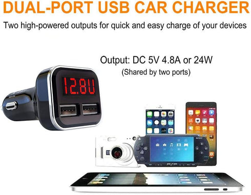 4.8A 24W Dual USB Car Charger Volt Meter Car Battery Monitor with LED Voltage & Amps Display in Red LED, Cigarette Lighter Voltage Meter, Compatib...