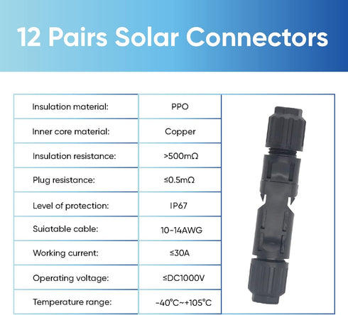 12 Pairs/24PCS Solar Connectors, IP67 Waterproof 1000V 30A Male & Female Solar Panel Cable Connectors (12AWG-10AWG)...