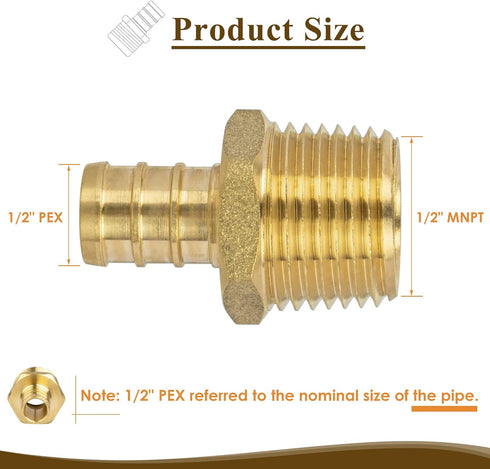 JUWO PEX Fitting, 1/2" Male NPT to 1/2" PEX Adapter for Plumbing Repairs or Remolding, Sturdy and Durable Brass Crimp Fitting (6 Pack)...