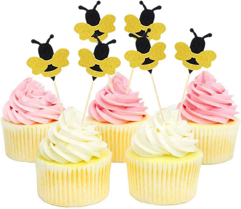 24 Pack Glitter Bumble Bee Cupcake Toppers for Gender Reveal Party Decorations and Baby Shower Party Decorations...