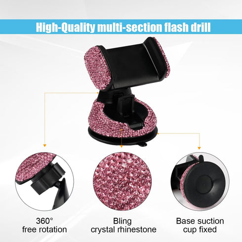 Bling Car Phone Holder, 360° Adjustable Crystal Car Phone Holder, Car Interior Accessory with One More Air Vent Base, Universal Phone Holder for D...
