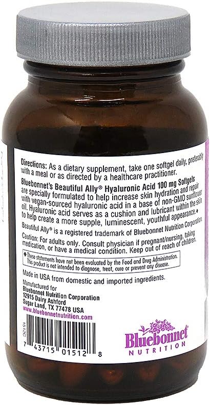 Bluebonnet Nutrition Beautiful Ally Hyaluronic Acid 100mg, Nurture Radiant Skin*, Non-GMO, Gluten-Free, Soy-Free, 90 Softgels, 90 Servings...