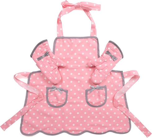 NEOVIVA Kids Apron and Kids Oven Mitts Set for Play Kitchen, Cute Polka Dots Toddler Kitchen Linen Set for Christmas Gift...