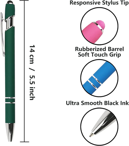 Ballpoint Pen with Stylus Tip, Soft Touch Click Metal Pen, 1.0mm Medium Point, Black Ink, 12 Count(Dark Green)...