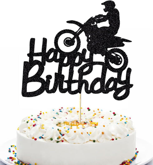 Qerleny Black Flash Happy Birthday Cake Topper, Birthday Party Cake Decoration, Sports Theme Cake Topper ?Motocross?...