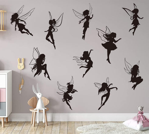 Black Fairy Girls Room Wall Decal DIY Cute Fairy with Large Wings Silhouette Wall Stickers Murals Decor Peel & Stick Baby Nursery Room Kids Bedroo...
