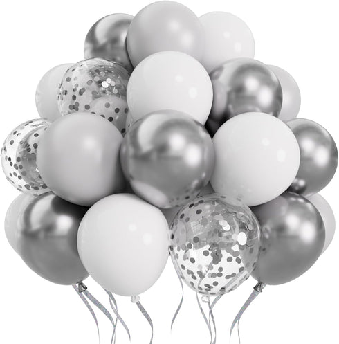 SUWEN 60PCS Metallic Silver Confetti Balloons Set Latex Helium Chrome Silver Balloon for Birthday New Year Baby Shower Wedding Party Decorations...