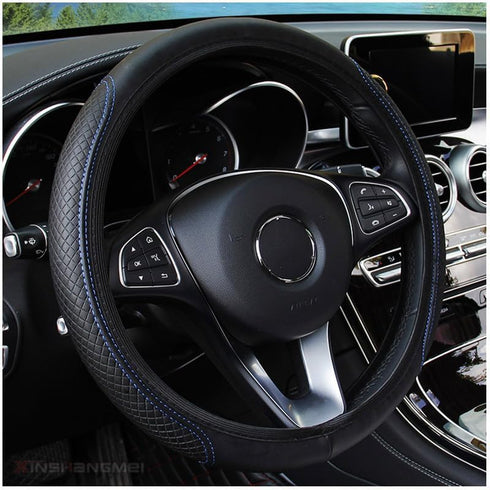 PU Leather Steering Wheel Cover for Women & Men, Waterfroof and Anti-Slip Car Steering Wheel Cover Universal Standard Size 14.5''-15'', Blue+Black...