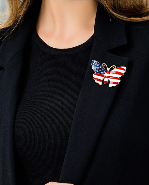 Butterfly USA Flag Brooch Pin for Women Gold Tone Fashion Rhinestone Star Blue Red Enamel 4th of July American Patriotic Medal Brooches Dress Acce...