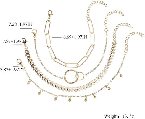 Boho Stackable Circle Bracelet Set Gold Fish Bone Layered Beaded Paperclip Link Bracelet Chain Jewelry for Women(4PCS)...
