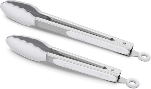 Premium Silicone Set of 2 Cooking Tongs, 9-Inch & 12-Inch BPA Free Non-Stick Stainless Steel BBQ Grilling Locking Food Tong, Light Grey...